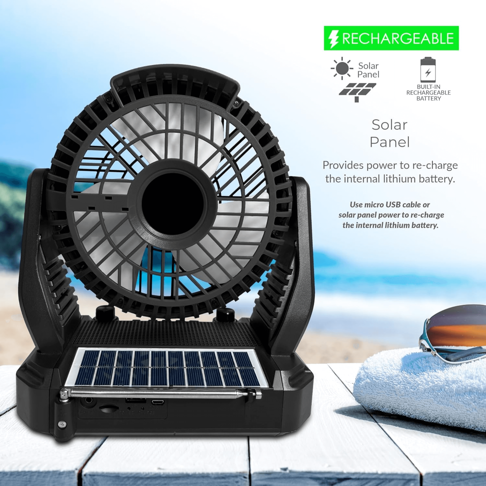 Supersonic Solar-Powered BT Speaker with FM Radio, LED Flashlight, and Fan