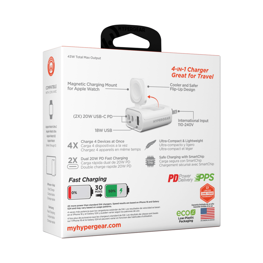 HyperGear SpeedBoost 43W 3-Port Fast Phone and Watch Wall Charger