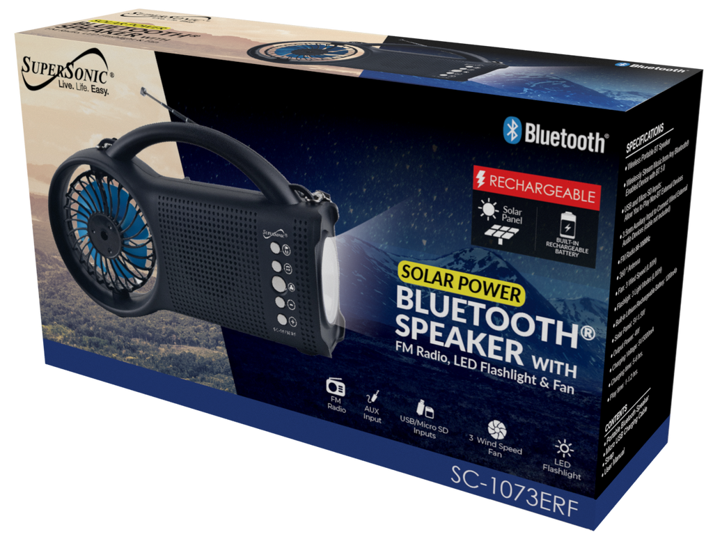 Supersonic Solar Power Bluetooth Speaker with FM Radio, LED Torch Light & Fan