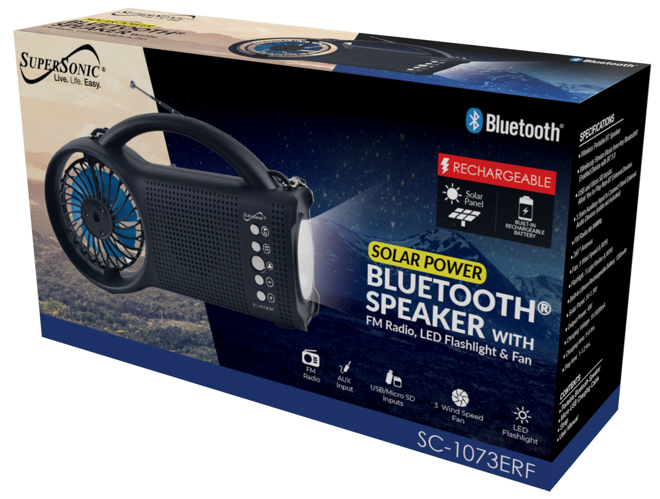 Supersonic Solar Power Bluetooth Speaker with FM Radio, LED Torch Light & Fan