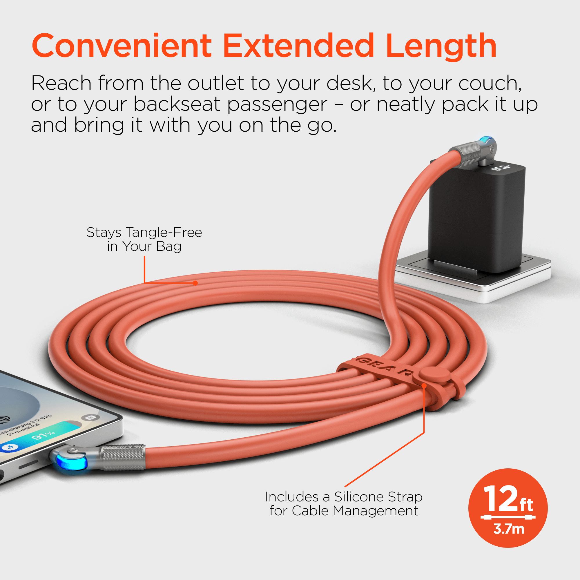 HyperGear Chunky180° 100W USB-C to USB-C Rugged Fast Charge Cable 12ft