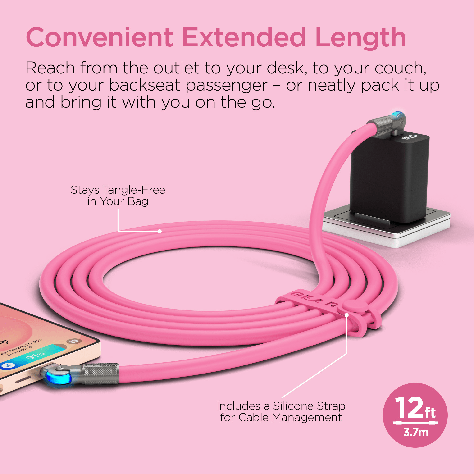 HyperGear Chunky180° 100W USB-C to USB-C Rugged Fast Charge Cable 12ft