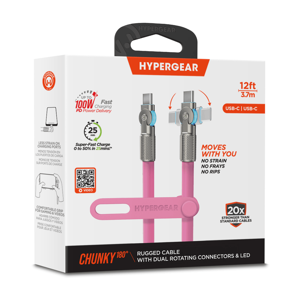 HyperGear Chunky180° 100W USB-C to USB-C Rugged Fast Charge Cable 12ft