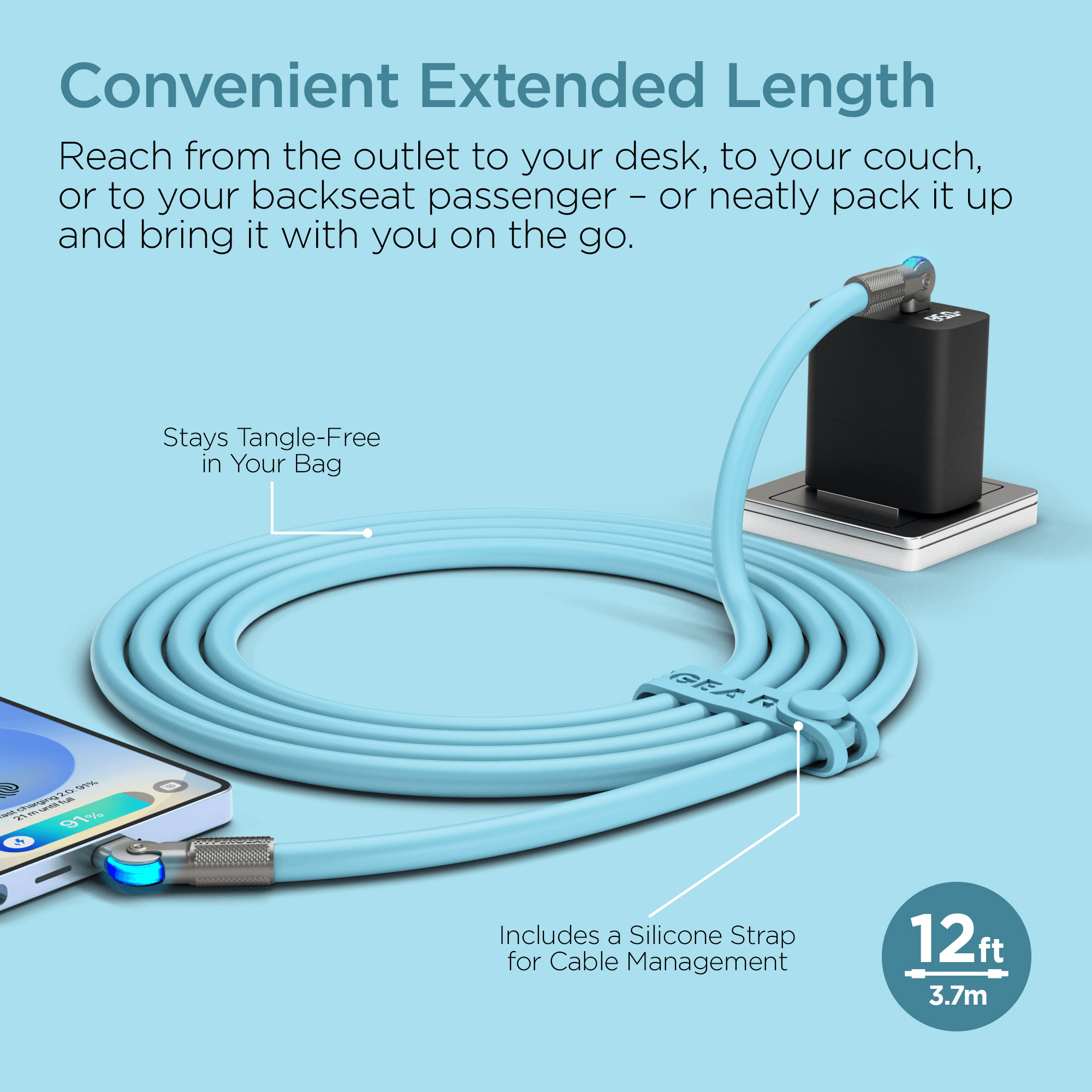 HyperGear Chunky180° 100W USB-C to USB-C Rugged Fast Charge Cable 12ft