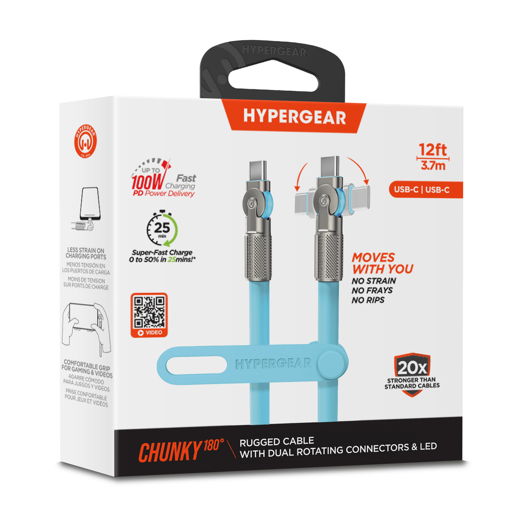 HyperGear Chunky180° 100W USB-C to USB-C Rugged Fast Charge Cable 12ft