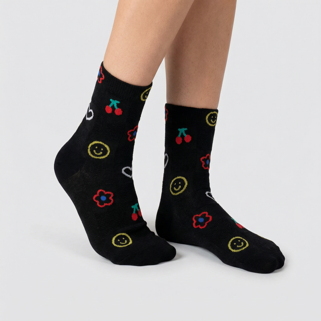 2000s Symbols Pattern Women's Crew Socks in Black [Size 5-10]