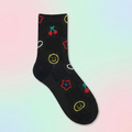 2000s Symbols Pattern Women's Crew Socks in Black [Size 5-10]