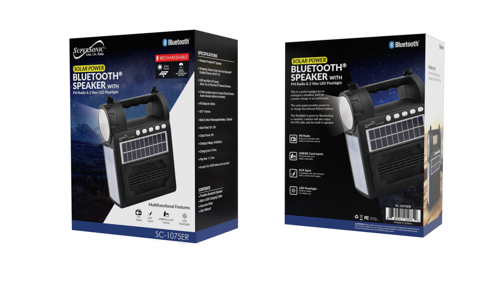 Supersonic Solar Power Speaker w FM Radio, Flashlight, Lantern & Phone Stand