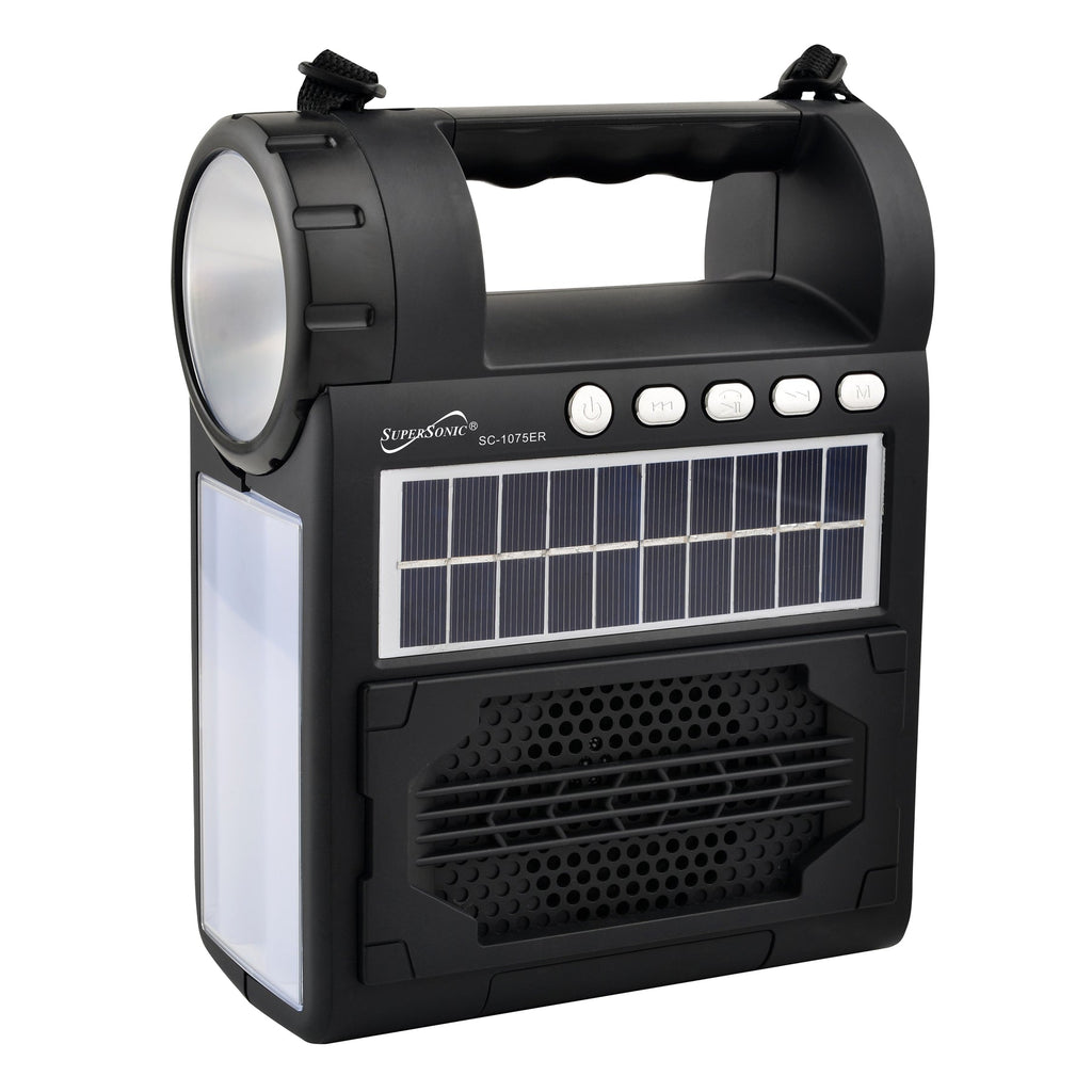 Supersonic Solar Power Speaker w FM Radio, Flashlight, Lantern & Phone Stand