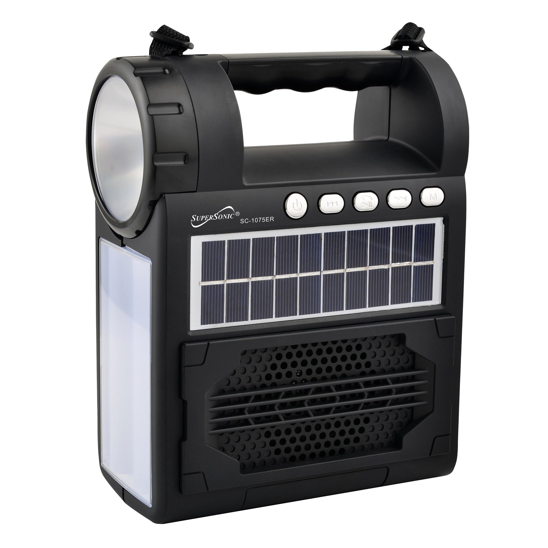 Supersonic Solar Power Speaker w FM Radio, Flashlight, Lantern & Phone Stand