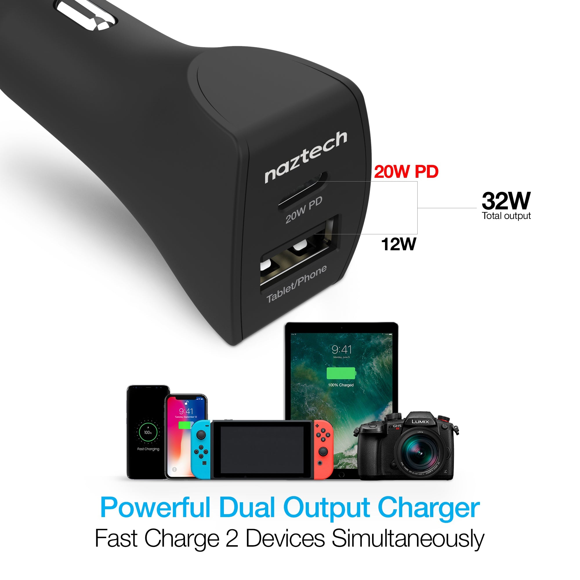 Naztech 20W USB-C PD+12W USB Car Charger