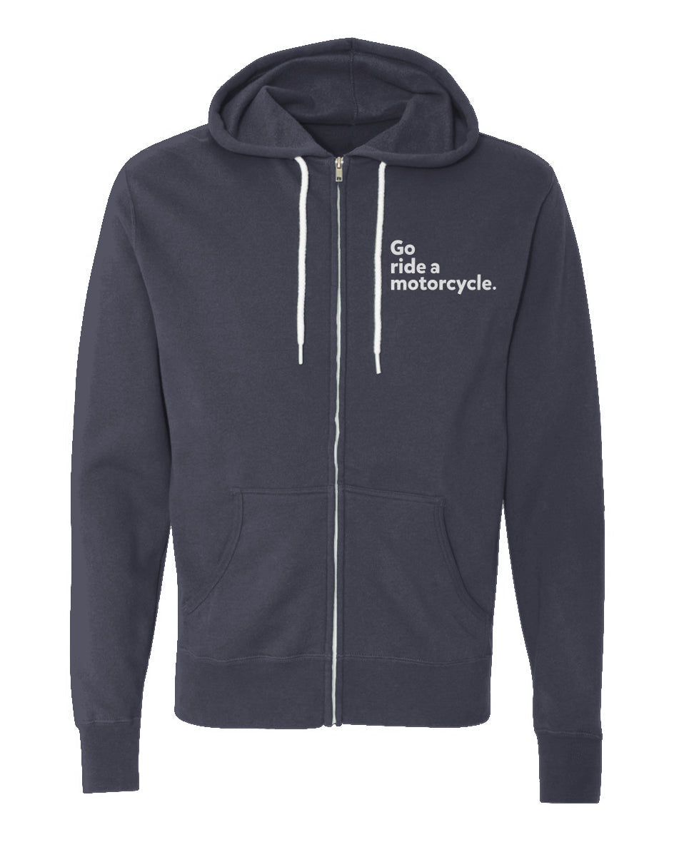"Go ride a motorcycle" Embroidered Lightweight Full-Zip Hoodie