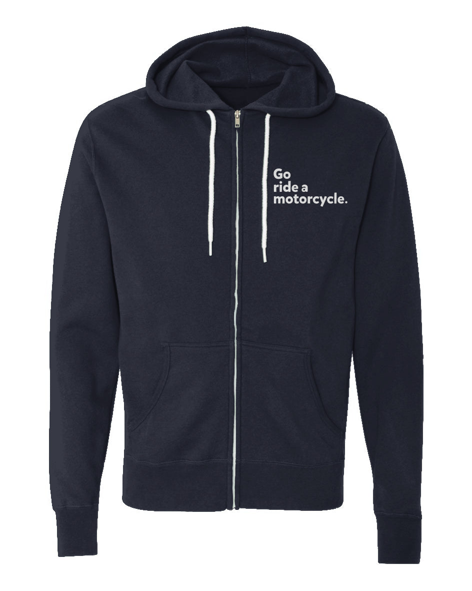 "Go ride a motorcycle" Embroidered Lightweight Full-Zip Hoodie