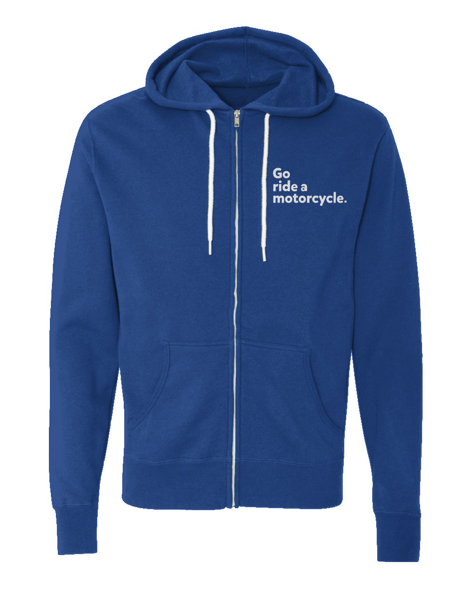 "Go ride a motorcycle" Embroidered Lightweight Full-Zip Hoodie