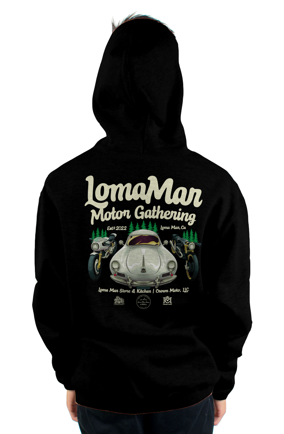 Loma Mar Motor Gathering Official Hoodie (front & back)
