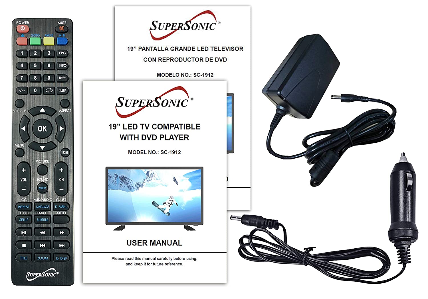 Supersonic 19" 12 Volt ACDC LED HDTV with DVD Player, USB, SD Card Reader and HDMI (SC-1912)
