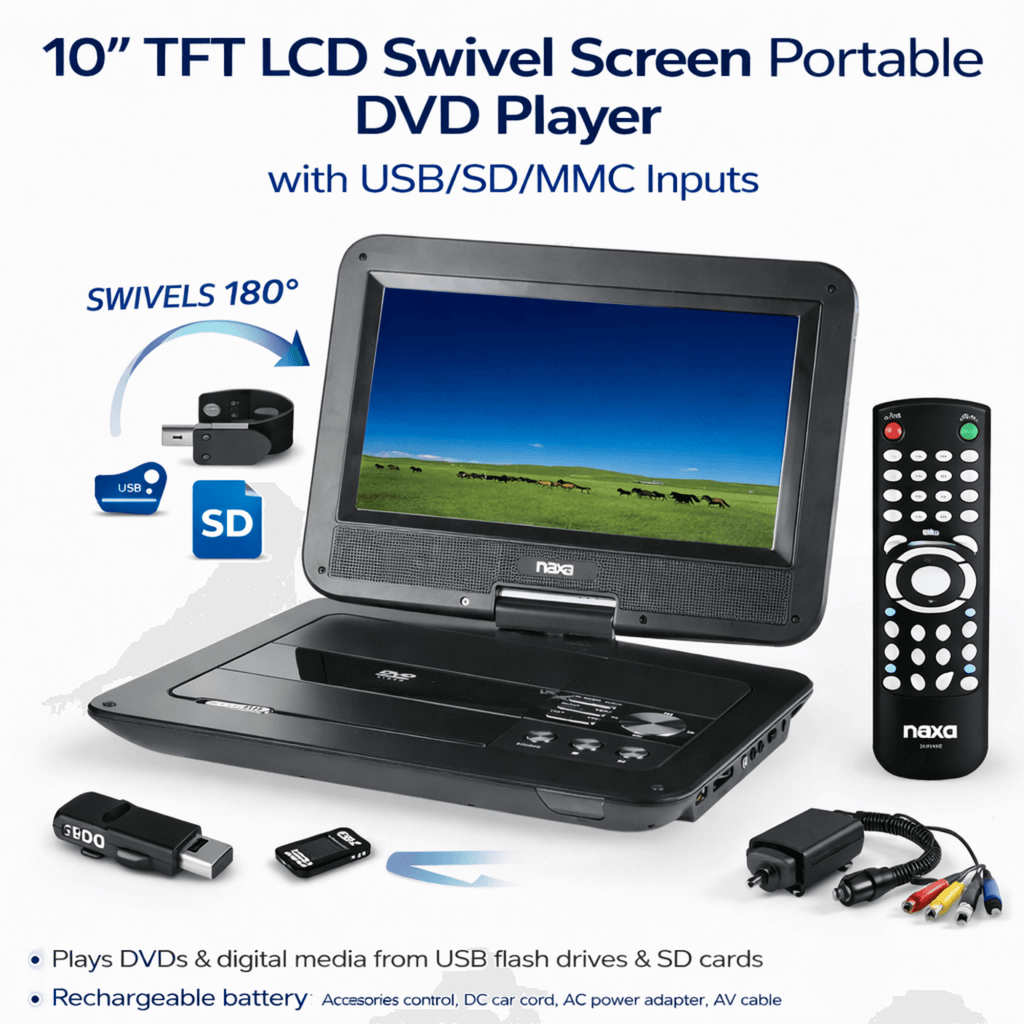 Naxa 10" TFT LCD Swivel Screen Portable DVD Player - Refurbished