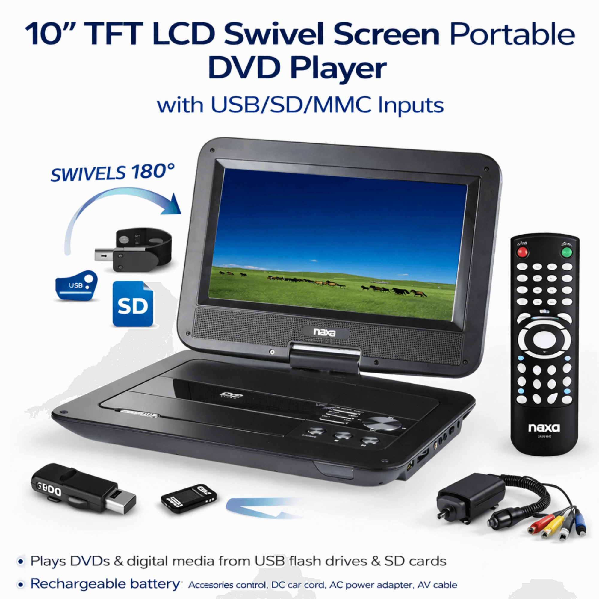 Naxa 10" TFT LCD Swivel Screen Portable DVD Player - Refurbished