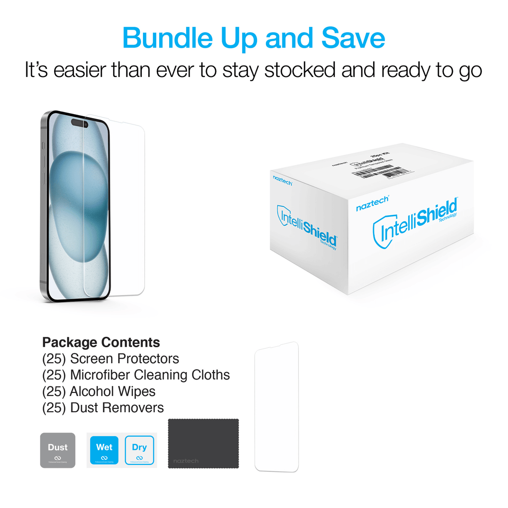 Naztech IntelliShield HD Tempered Glass 25pc Bundle Kit for iPhone 15 Pro