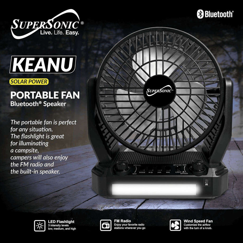 Supersonic Solar-Powered BT Speaker with FM Radio, LED Flashlight, and Fan