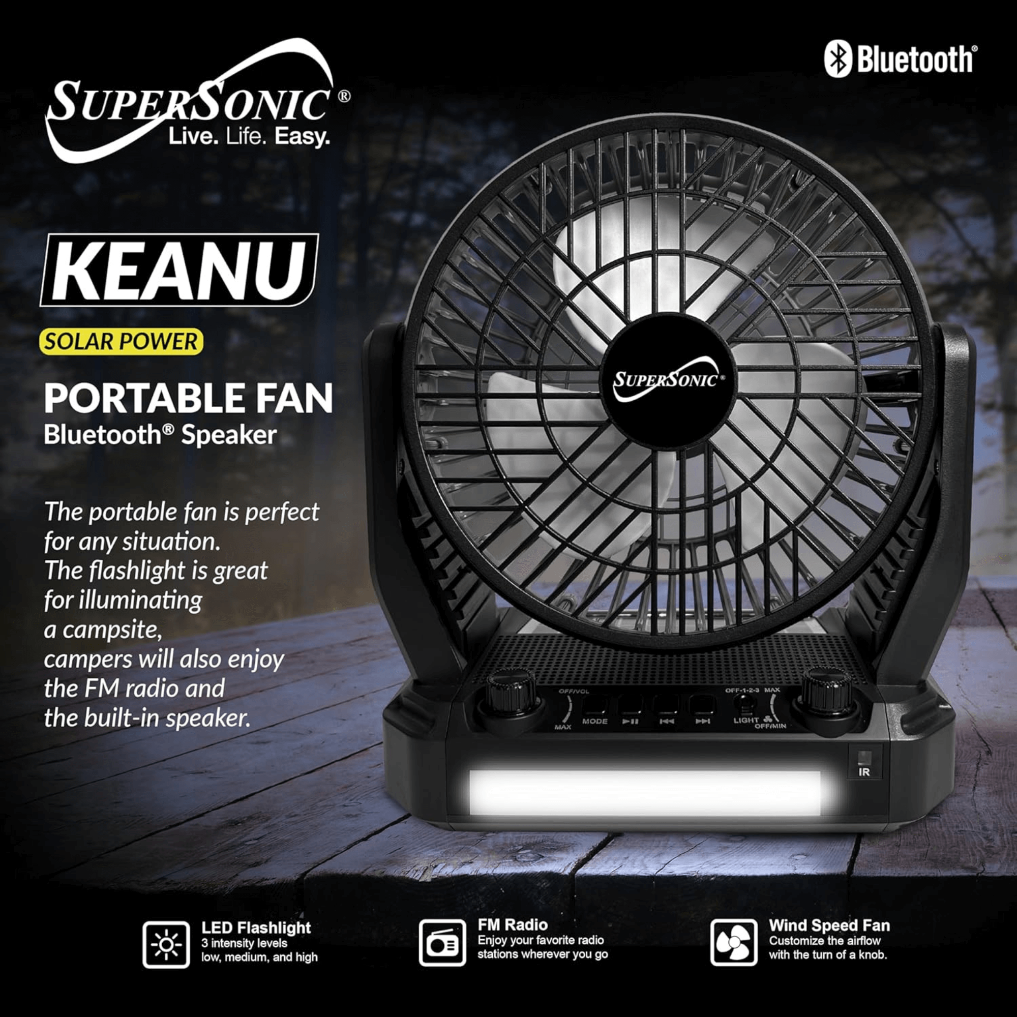 Supersonic Solar-Powered BT Speaker with FM Radio, LED Flashlight, and Fan