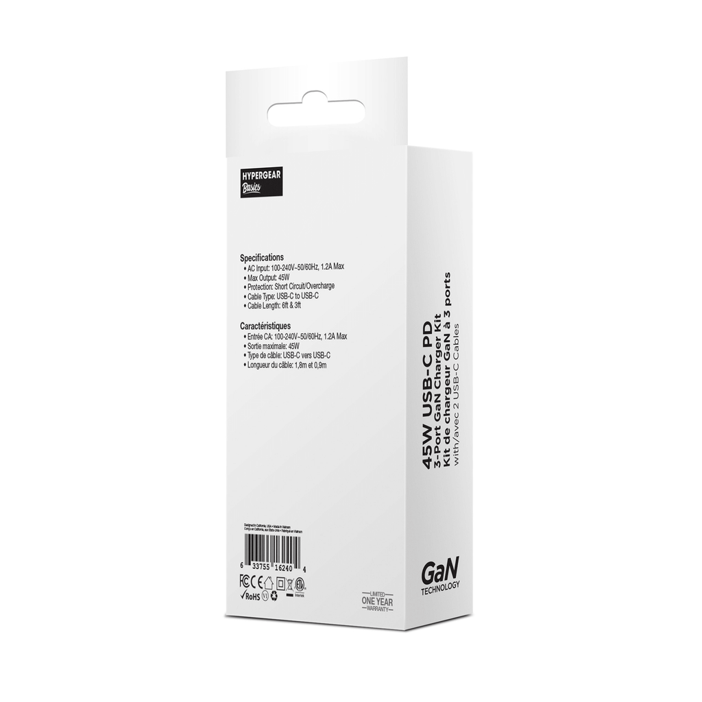 HyperGear 45W USB-C PD PPS Tri-Port GaN Fast Wall Charger
