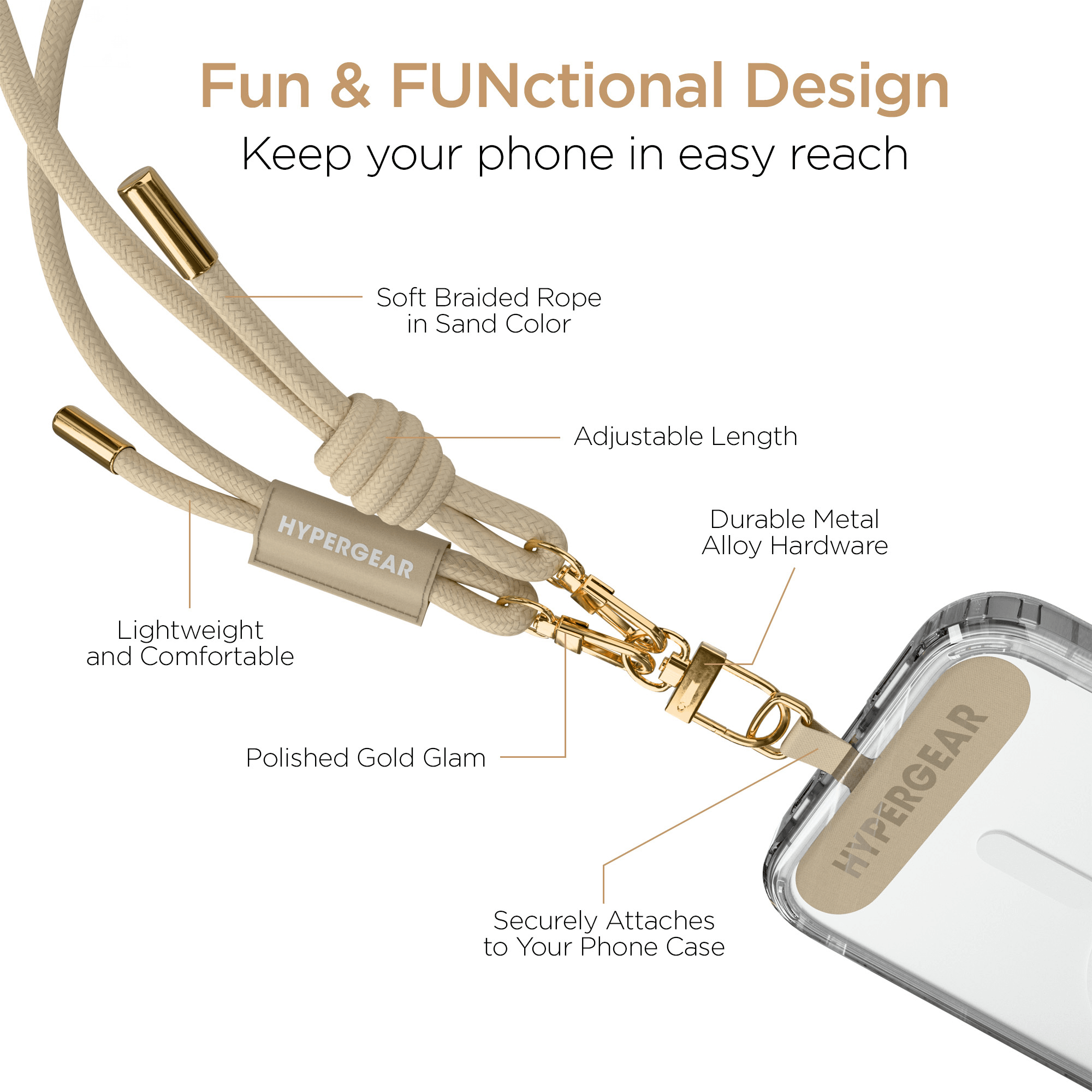 HyperGear TECHcessories Sand Rope with Gold Accents Universal Crossbody Phone Strap