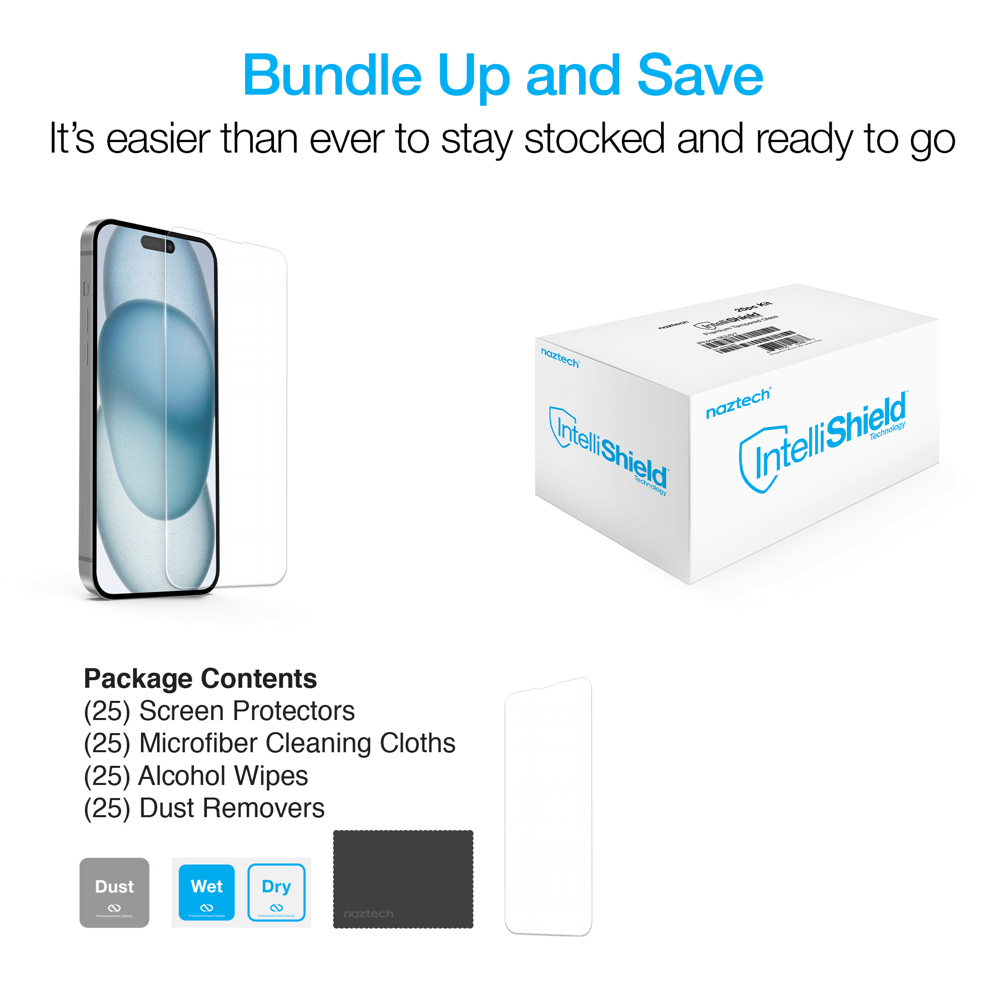 Naztech IntelliShield HD Tempered Glass 25pc Bundle Kit for iPhone 15