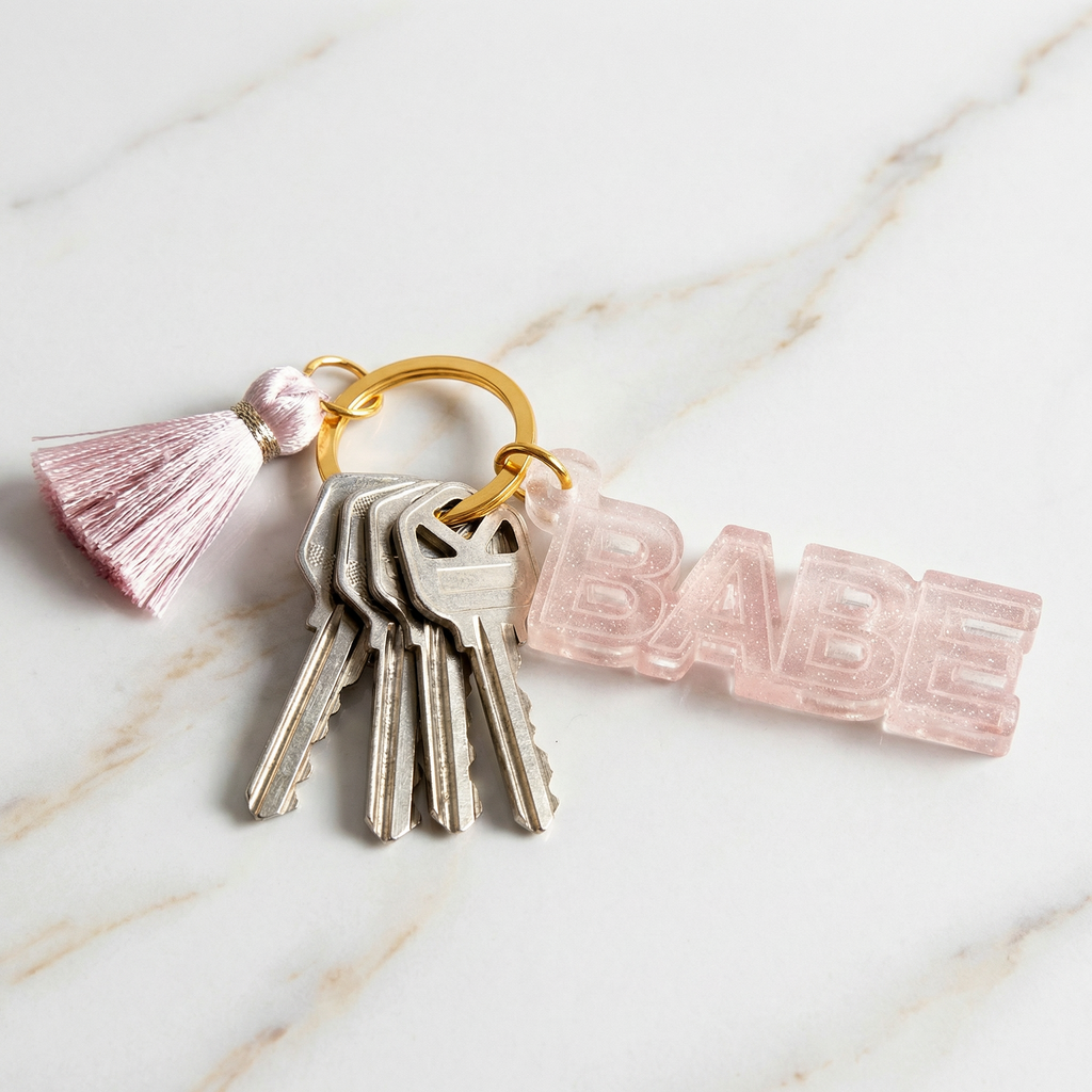 Acrylic Keychain with Tassel - XOXO or Babe | Cute Gold Tone Key Ring Gift Accessory