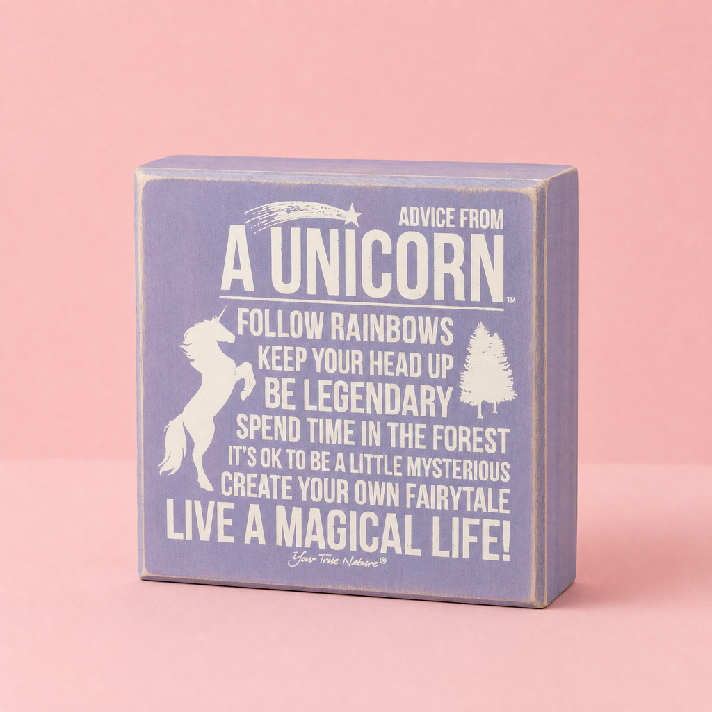 Advice From Unicorn Wooden Box Sign | Purple with White Lettering 6" x 6"
