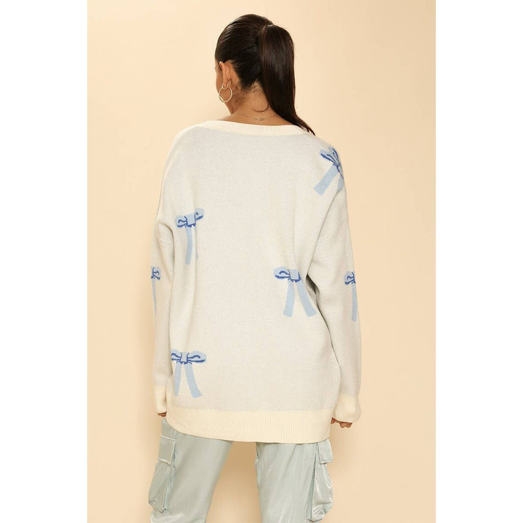 All Over Coquette Bow Knit Cardigan in Blue or Pink [Size Options: SM-XL]