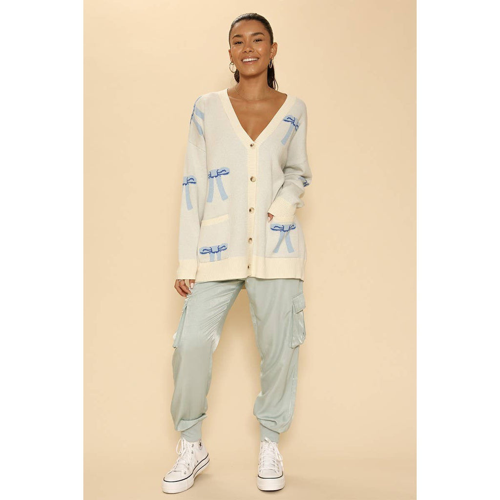All Over Coquette Bow Knit Cardigan in Blue or Pink [Size Options: SM-XL]