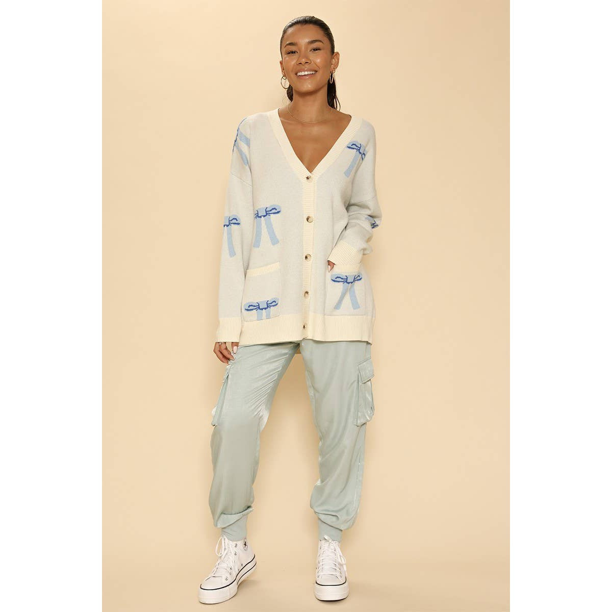 All Over Coquette Bow Knit Cardigan in Blue or Pink [Size Options: SM-XL]