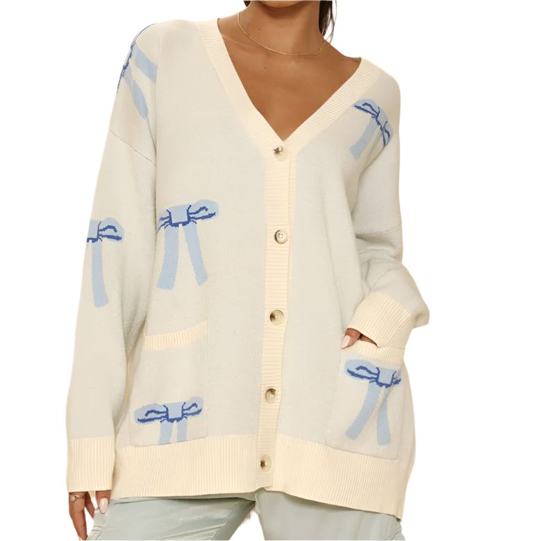 All Over Coquette Bow Knit Cardigan in Blue or Pink [Size Options: SM-XL]