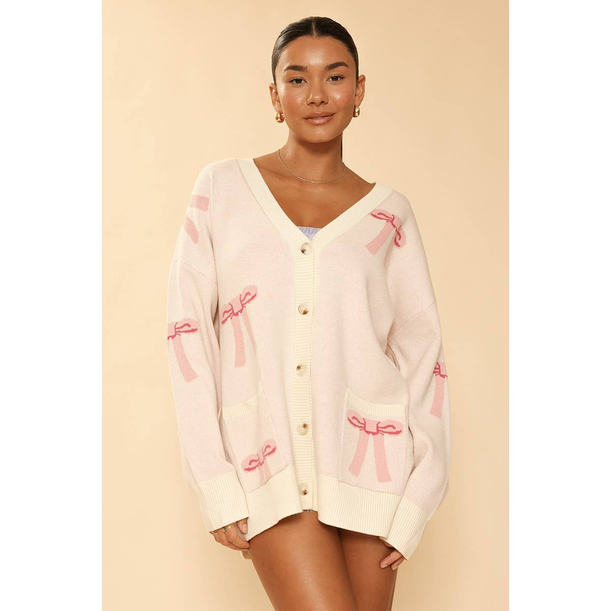 All Over Coquette Bow Knit Cardigan in Blue or Pink [Size Options: SM-XL]