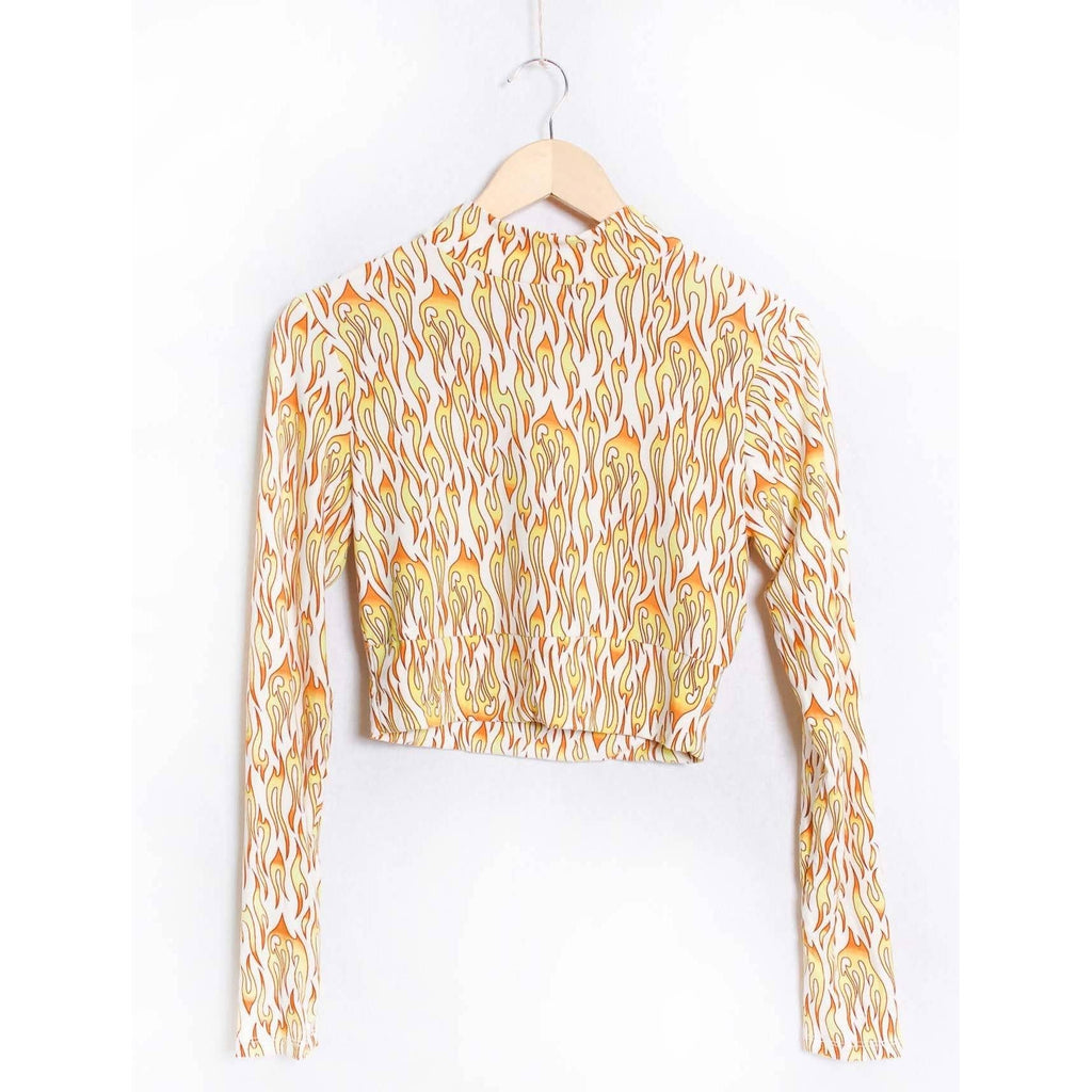 Biker Flame Mock Neck Long Sleeve Crop Top | Bold Printed Fitted Top [Sizes S–XL]