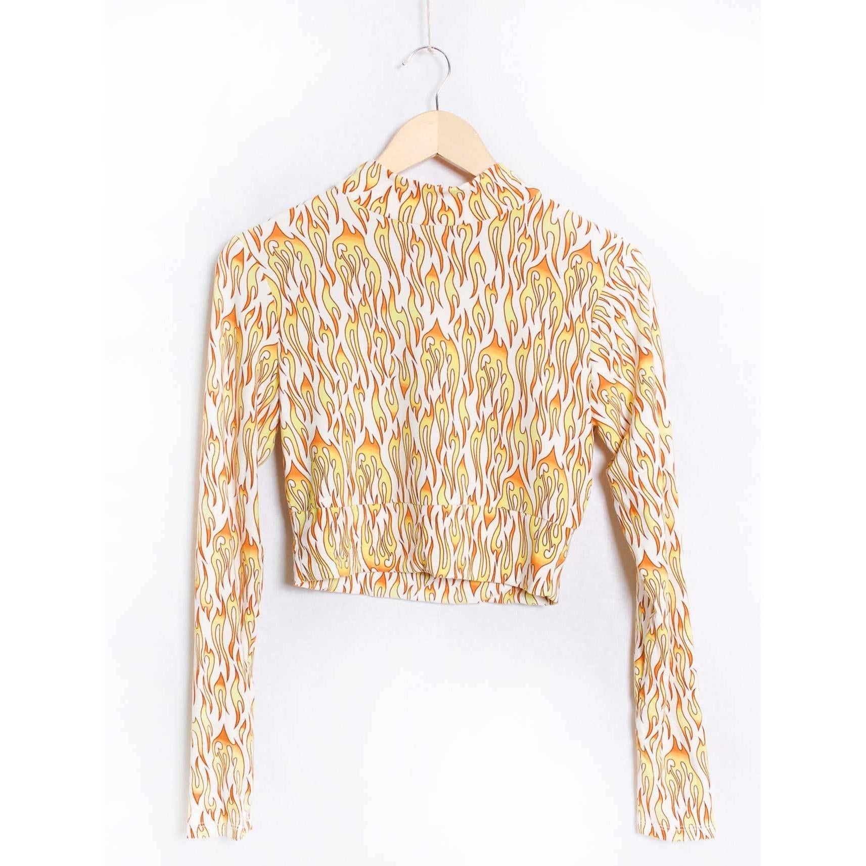 Biker Flame Mock Neck Long Sleeve Crop Top | Bold Printed Fitted Top [Sizes S–XL]