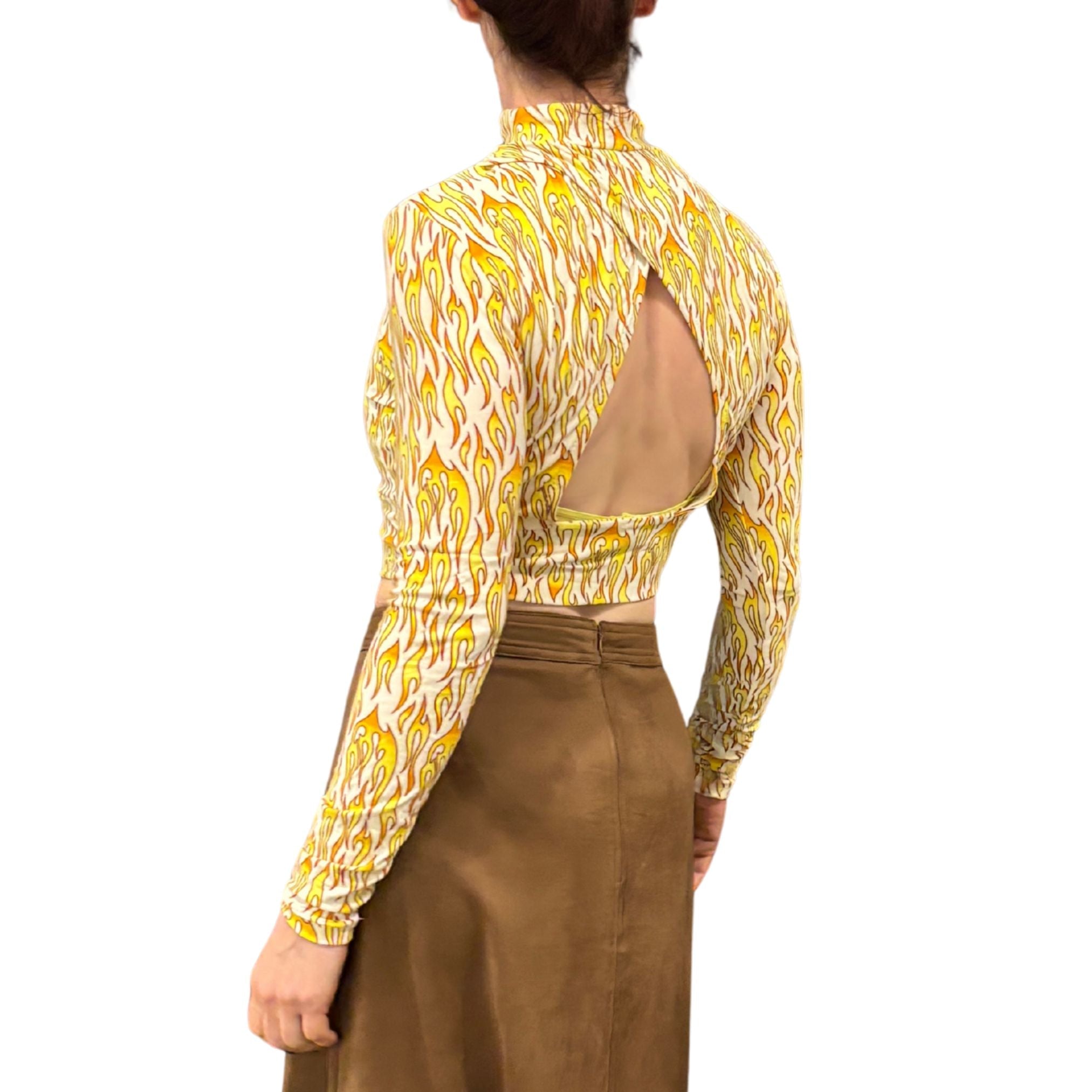 Biker Flame Mock Neck Long Sleeve Crop Top | Bold Printed Fitted Top [Sizes S–XL]