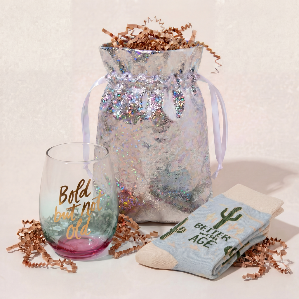 Bold But Not Old Gift Set | Wine Glass & Better with Age Socks in Gift Bag | Ready to Gift!