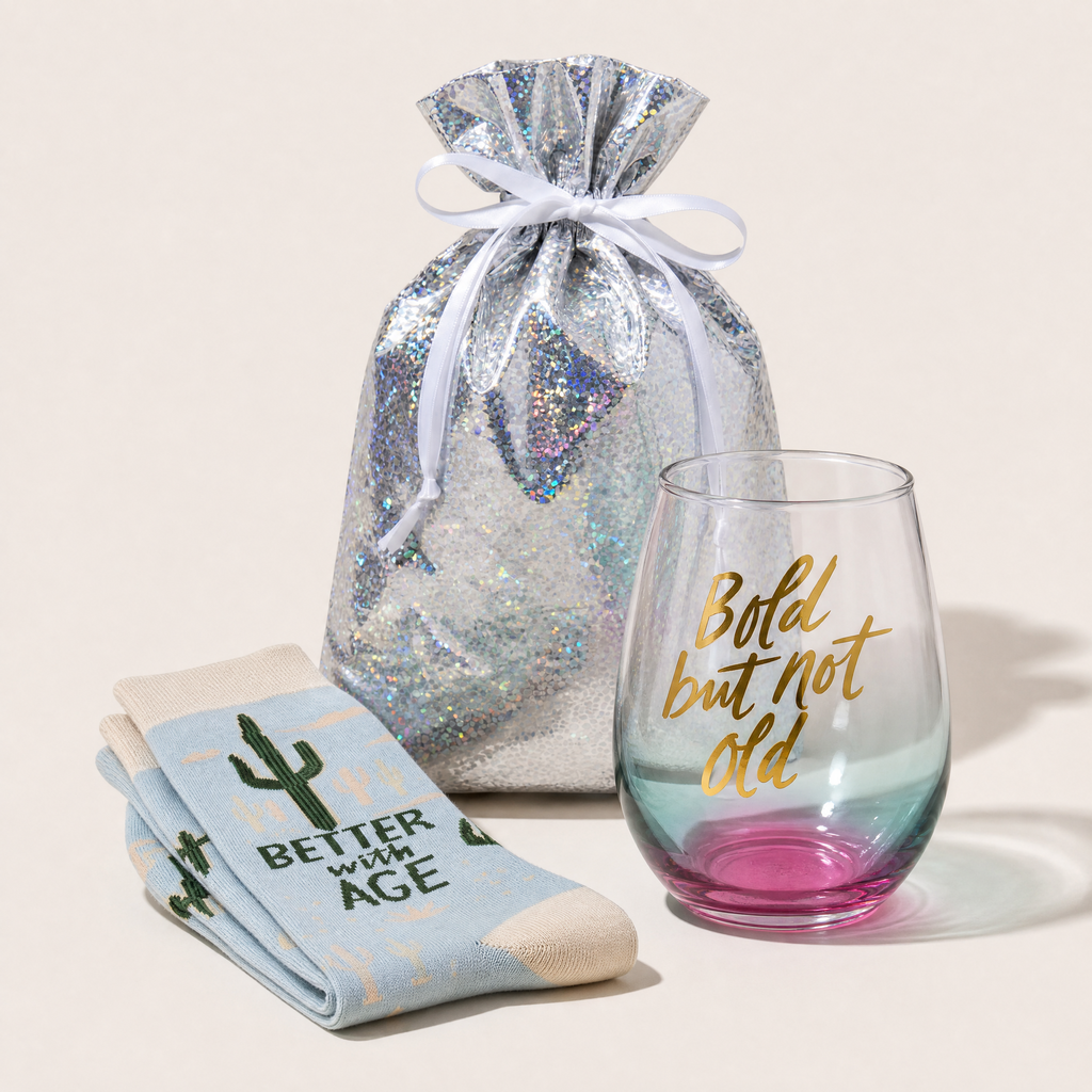 Bold But Not Old Gift Set | Wine Glass & Better with Age Socks in Gift Bag | Ready to Gift!