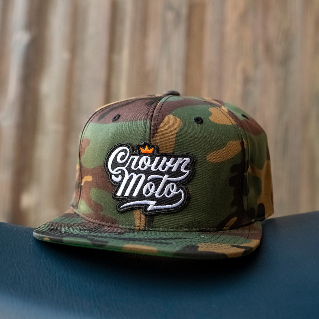 Crown Moto Script Camo Snapback Hat