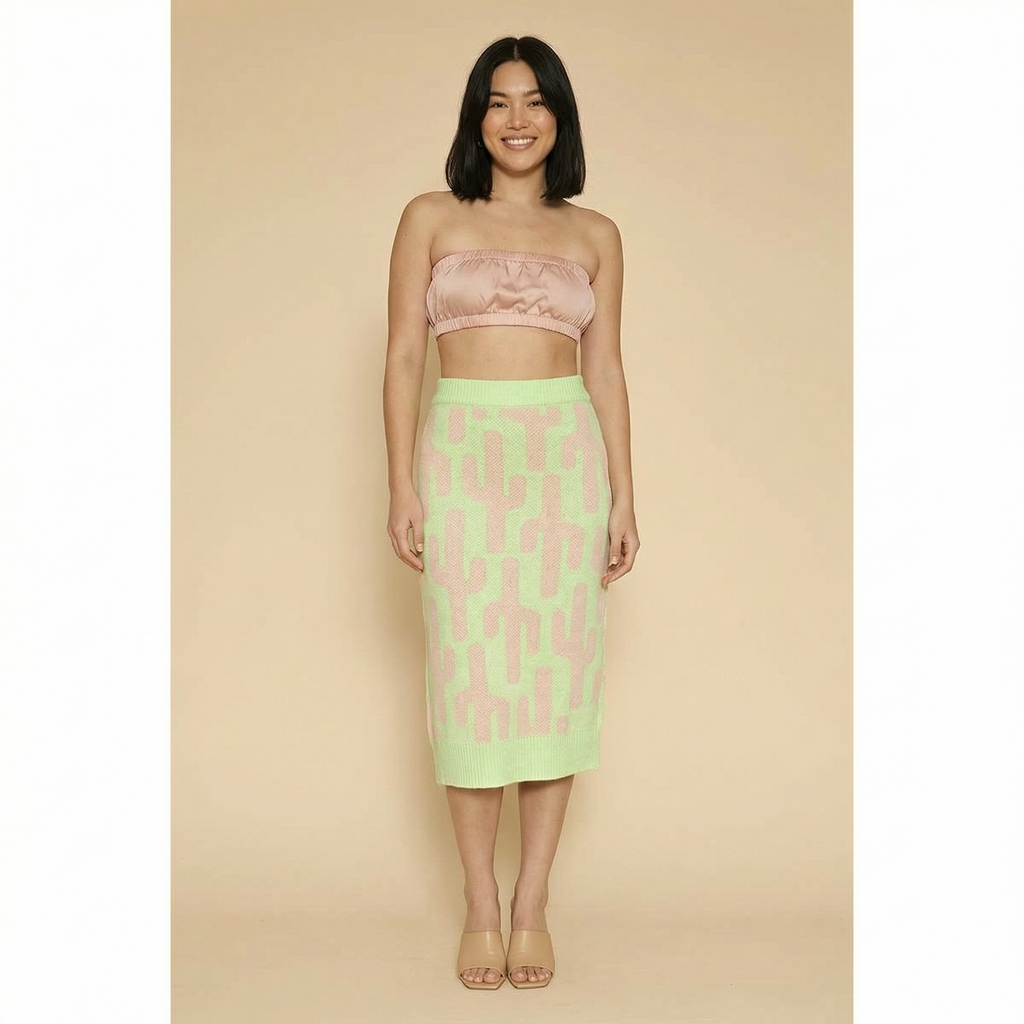 Cactus Knit Midi Skirt | Green Intarsia Cactus Sweater Skirt | Boho Desert Knit Skirt