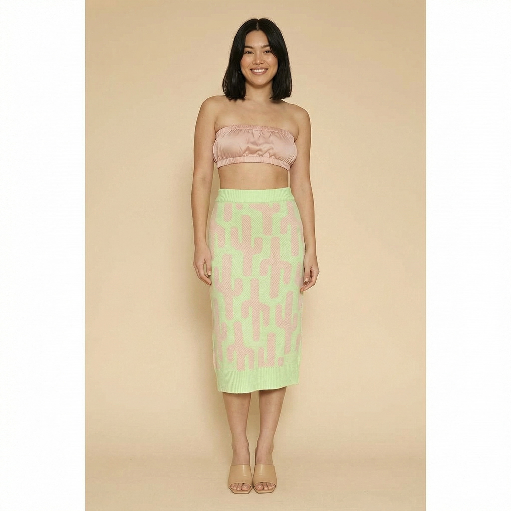 Cactus Knit Midi Skirt | Green Intarsia Cactus Sweater Skirt | Boho Desert Knit Skirt