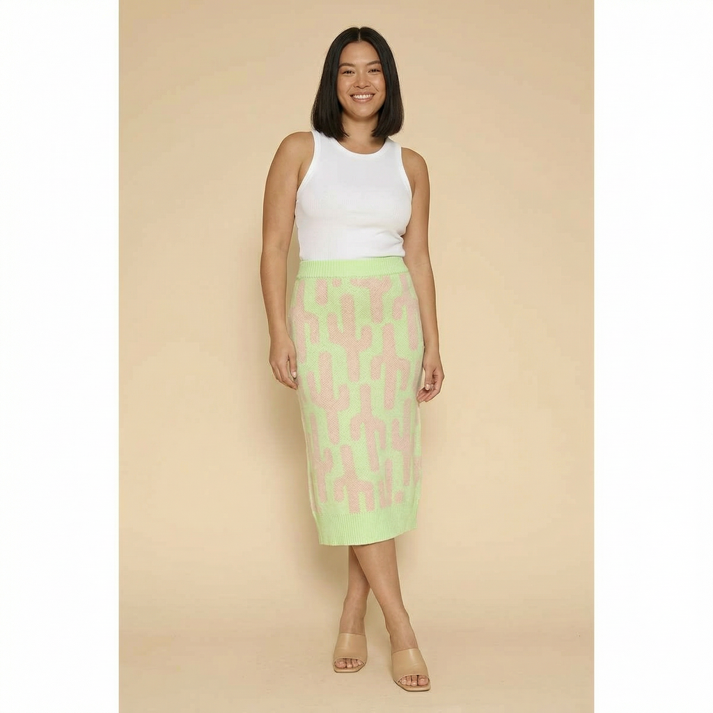 Cactus Knit Midi Skirt | Green Intarsia Cactus Sweater Skirt | Boho Desert Knit Skirt