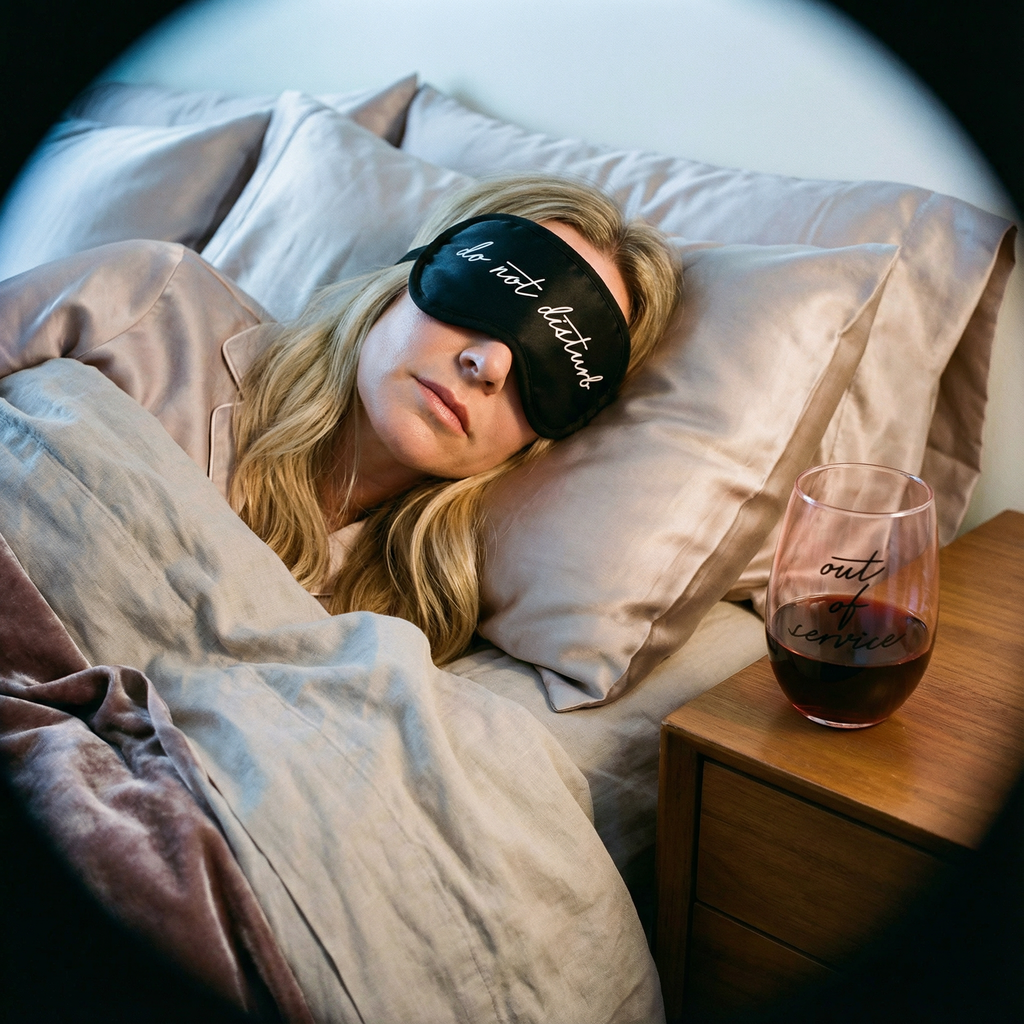Do Not Disturb Eye Mask + Out of Service Stemless Wine Glass Gift Set