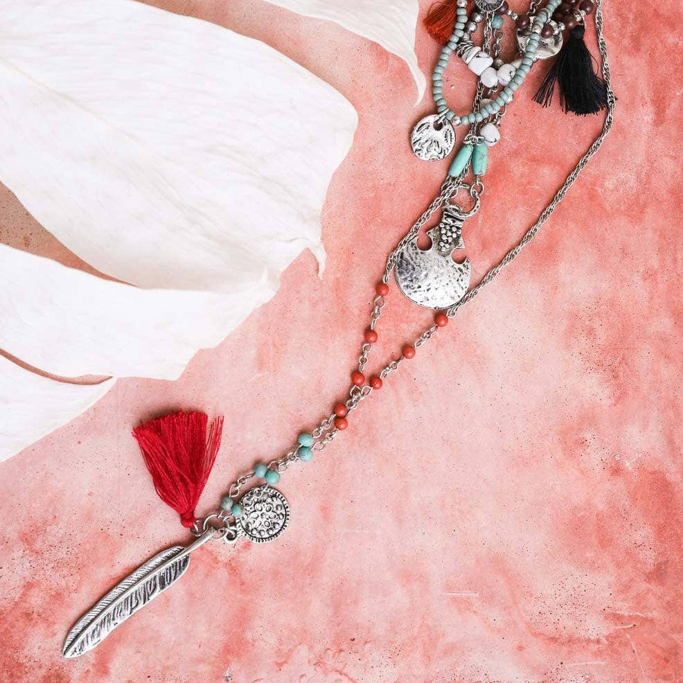 Feather Fringe Multi-Layered Necklace | Handmade Bohemian Style