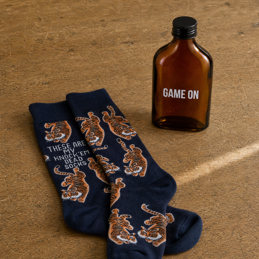 Game On Motivational Gift Set | Mini Flask & Knock 'Em Dead Socks in Gift Bag | Ready to Gift!
