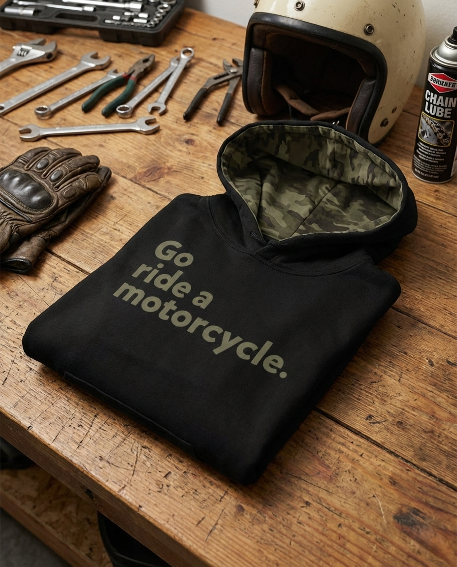 "Go ride a motorcycle" Camo-Lined Hoodie