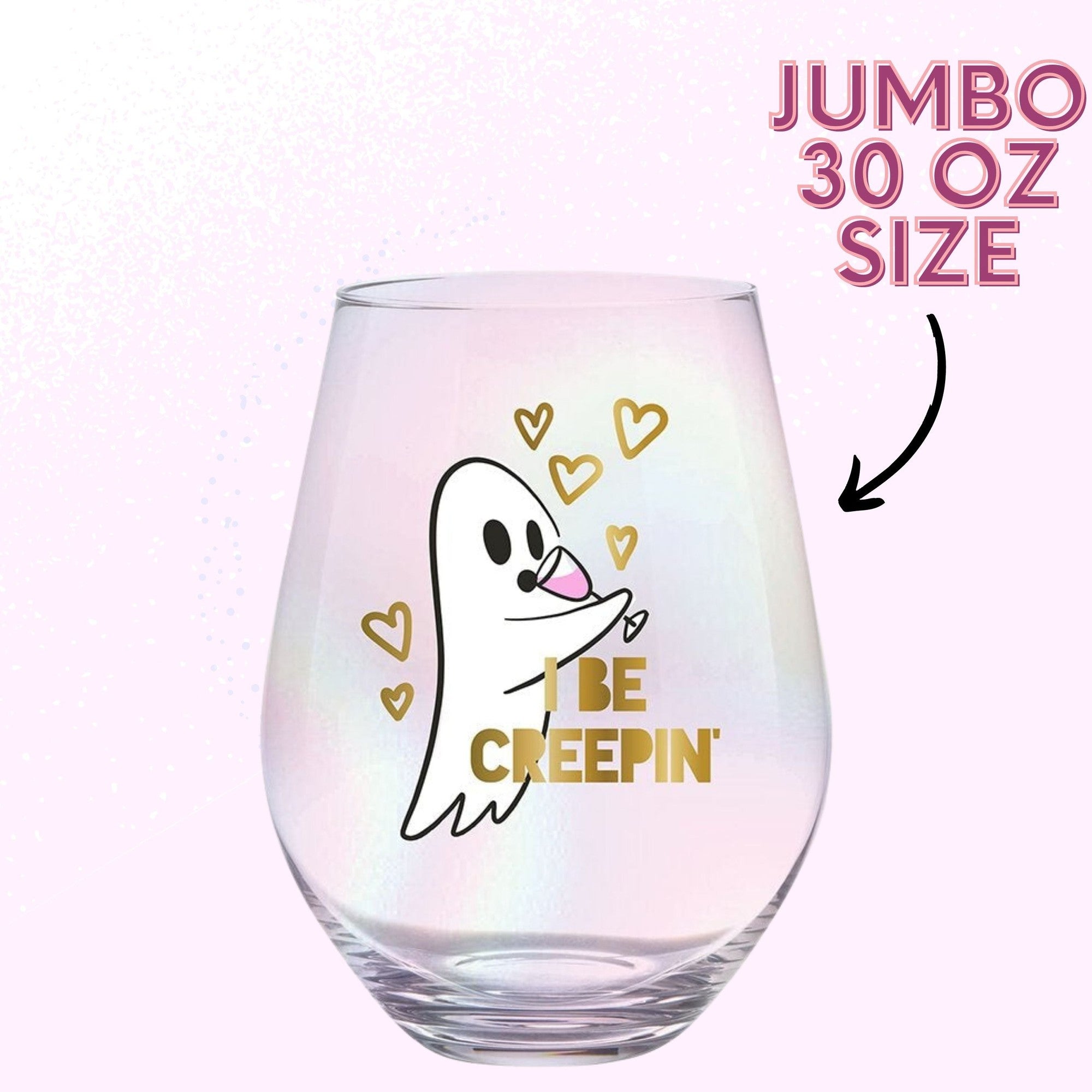 Ghost "I Be Creepin" Jumbo Stemless Wine Glass in Iridescent | 30 Oz. | Holds an Entire Bottle of Wine