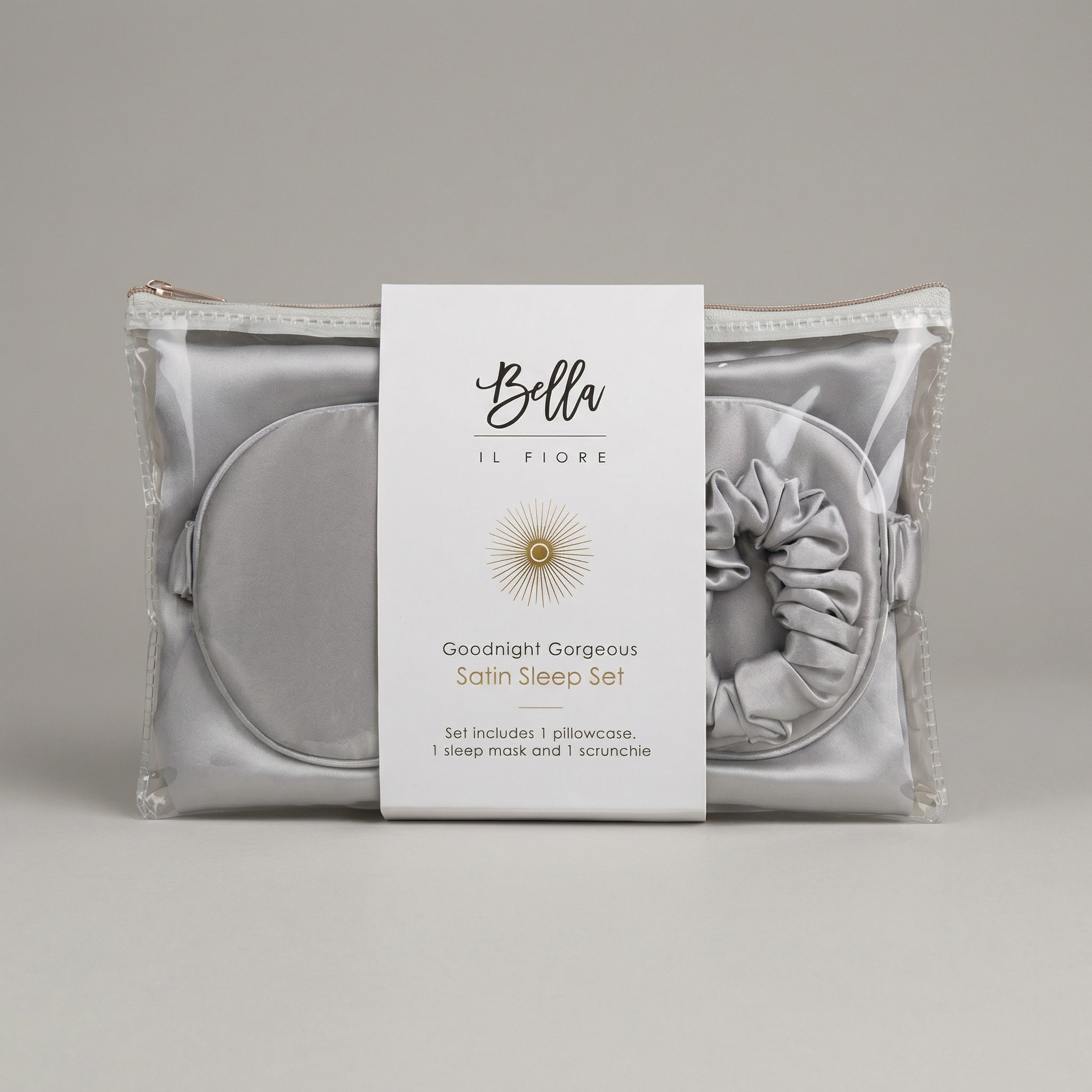 Giftable Gray Goodnight Gorgeous Satin Sleep Set [Includes Pillowcase, Sleep Mask + Scrunchie]